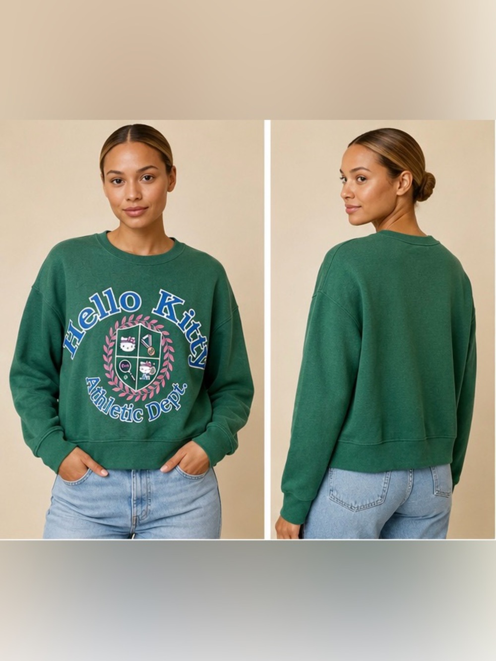 Hello Kitty Green Cropped Crewneck Sweatshirt with Pink & Blue Crest